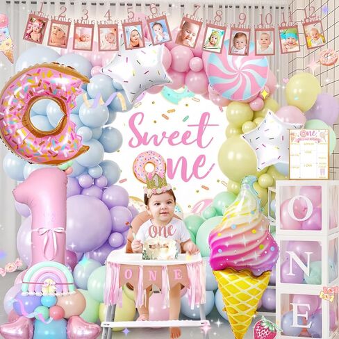 1st Birthday Decorations for Girl, 128pcs Sweet One Birthday Party Decorations, Balloon Boxes, Party Backdrop, Photo Banner, Donuts Ice Cream Candy Balloons Garland in Saudi Arabia