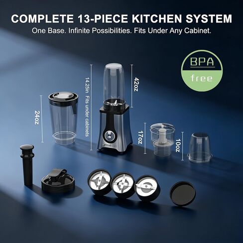 Smoothie Blender Food Processor Combo, 13 Piece All-in-One Kitchen System with Grinder Meat Chopper, 4 in 1with 4 BPA-Free Cups(10oz-42oz) Shakes,Baby Food,Blending,Dishwasher Safe,Ideal Gift in Saudi Arabia