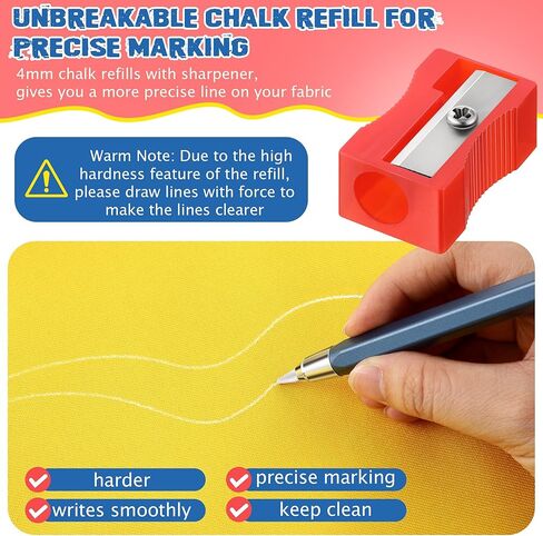 عبوات أقلام طباشير للنسيج، 12 قطعة، 4 مم، مجموعة خرطوشة طباشير قابلة لإعادة التعبئة لأقلام الطباشير، أداة وضع علامات للخياطة بمبراة (6 أبيض، 2 أزرق، 2 أحمر، 2 أصفر) in Kuwait