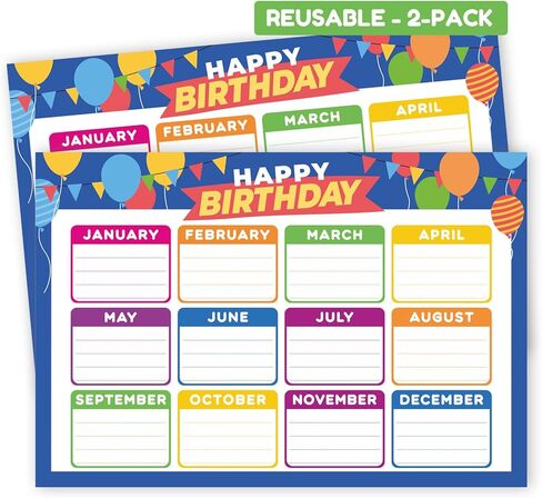Reusable Birthday Chart for Classroom - 2-Pack 16.5x11.2 Inch Laminated Posters for Bulletin Board & Wall Decor | Birthday Board & Month Chart Display in Saudi Arabia