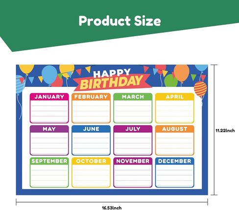 Reusable Birthday Chart for Classroom - 2-Pack 16.5x11.2 Inch Laminated Posters for Bulletin Board & Wall Decor | Birthday Board & Month Chart Display in Saudi Arabia