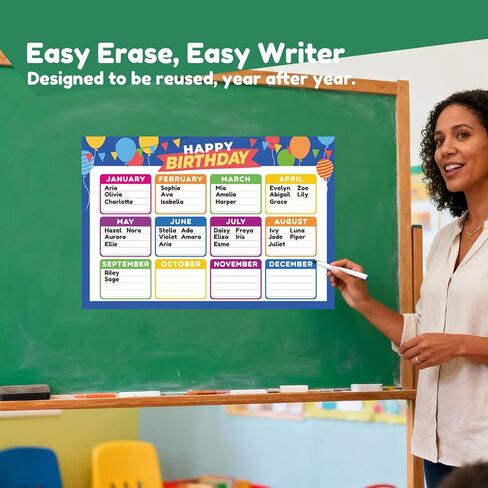 Reusable Birthday Chart for Classroom - 2-Pack 16.5x11.2 Inch Laminated Posters for Bulletin Board & Wall Decor | Birthday Board & Month Chart Display in Saudi Arabia