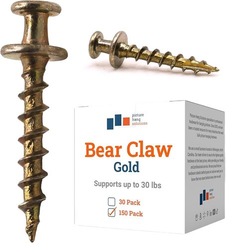 Bear Claw Screw Hanger Gold - 30lb Picture Hooks - 4-in-1 Hanging Screws for D-Rings, Sawtooth, Wire and Keyholes - Mounts in Drywall and Wood Studs 150 Pack in Kuwait