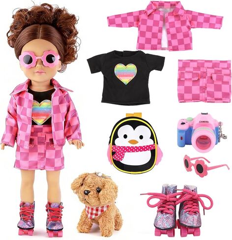 American 18 Inch Doll Clothes & Accessories Set – Includes Pink Plaid Coat, Heart T-Shirt, Skating Shoes, Pet Dog, Penguin Backpack, Camera, Glasses & More – Perfect for 18" Dolls (No Doll) in Saudi Arabia