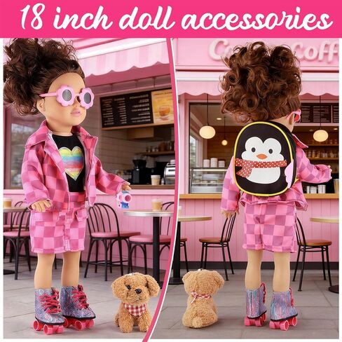 American 18 Inch Doll Clothes & Accessories Set – Includes Pink Plaid Coat, Heart T-Shirt, Skating Shoes, Pet Dog, Penguin Backpack, Camera, Glasses & More – Perfect for 18" Dolls (No Doll) in Saudi Arabia