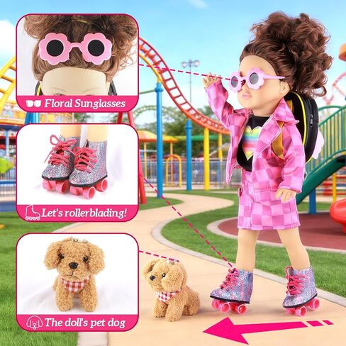 American 18 Inch Doll Clothes & Accessories Set – Includes Pink Plaid Coat, Heart T-Shirt, Skating Shoes, Pet Dog, Penguin Backpack, Camera, Glasses & More – Perfect for 18" Dolls (No Doll) in Saudi Arabia
