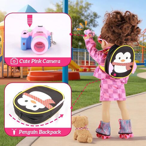 American 18 Inch Doll Clothes & Accessories Set – Includes Pink Plaid Coat, Heart T-Shirt, Skating Shoes, Pet Dog, Penguin Backpack, Camera, Glasses & More – Perfect for 18" Dolls (No Doll) in Saudi Arabia