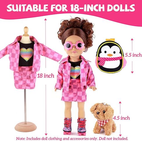American 18 Inch Doll Clothes & Accessories Set – Includes Pink Plaid Coat, Heart T-Shirt, Skating Shoes, Pet Dog, Penguin Backpack, Camera, Glasses & More – Perfect for 18" Dolls (No Doll) in Saudi Arabia