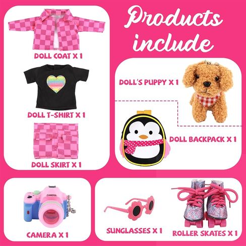 American 18 Inch Doll Clothes & Accessories Set – Includes Pink Plaid Coat, Heart T-Shirt, Skating Shoes, Pet Dog, Penguin Backpack, Camera, Glasses & More – Perfect for 18" Dolls (No Doll) in Saudi Arabia