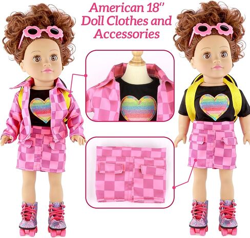 American 18 Inch Doll Clothes & Accessories Set – Includes Pink Plaid Coat, Heart T-Shirt, Skating Shoes, Pet Dog, Penguin Backpack, Camera, Glasses & More – Perfect for 18" Dolls (No Doll) in Saudi Arabia