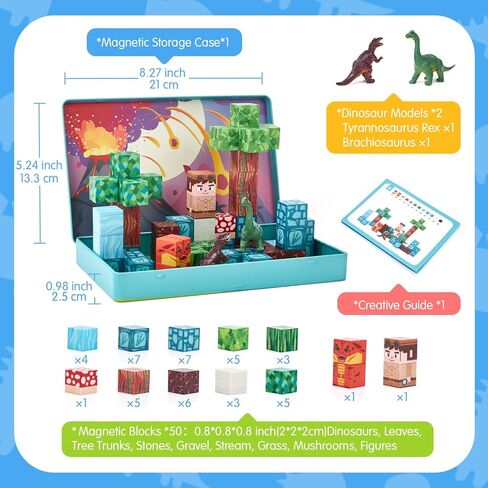 hahaland Mini Magnetic Blocks Travel Set with Magnetic Case - 52 PCS Magnet Building Cubes Dinosaur Toys for Kids 3-5 Toddler Travel Toys Airplane Essentials, Stem Toys 4 3 Year Old Boys Gifts Easter in Saudi Arabia