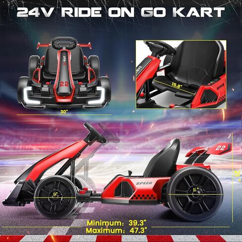 Hikole Electric Go Kart for Kids Age 6-12, 24V Electric Drift Kart Car with Adjustable Seat, Speeds, 8.5MPH, Bright LED Lights, 300W Powerful Motor, 24 Volt Ride on Crazy Cart, Red in Saudi Arabia