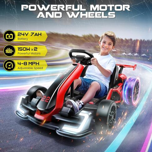 Hikole Electric Go Kart for Kids Age 6-12, 24V Electric Drift Kart Car with Adjustable Seat, Speeds, 8.5MPH, Bright LED Lights, 300W Powerful Motor, 24 Volt Ride on Crazy Cart, Red in Saudi Arabia