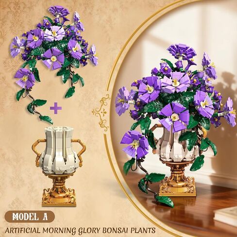 Flowers Botanicals Building Set with Vase - 2 in 1 Morning Glory Bonsai Building Blocks Plants Arrangement Vintage Wall Flower Pots Home Decor, Gift for Valentine's Day Adults 12+ (1136PCS) in Kuwait