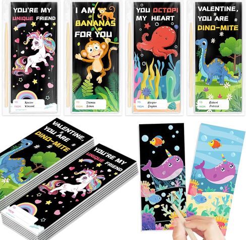 Shemira Valentines Day Gifts for Kids-24 Pack Scratch Art Crafts Notebook Kit with Valentines Cards for Kids, Valentines Day Cards for School Classroom Exchange, Valentines Party Favor Supplies in Saudi Arabia