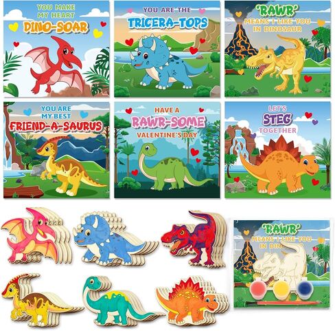 Valentine's Day Cards For Kids School, 24Pack Valentine's Day Cards for Kids With DIY Wooden Dinosaur Crafts Painting Kit ,Valentines Day Gifts for Kids Classroom Exchange, Valentines Party Favors in Saudi Arabia