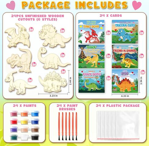 Valentine's Day Cards For Kids School, 24Pack Valentine's Day Cards for Kids With DIY Wooden Dinosaur Crafts Painting Kit ,Valentines Day Gifts for Kids Classroom Exchange, Valentines Party Favors in Saudi Arabia