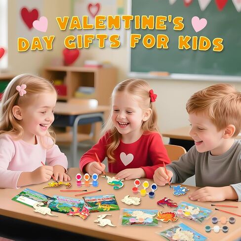 Valentine's Day Cards For Kids School, 24Pack Valentine's Day Cards for Kids With DIY Wooden Dinosaur Crafts Painting Kit ,Valentines Day Gifts for Kids Classroom Exchange, Valentines Party Favors in Saudi Arabia
