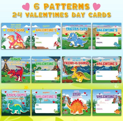 Valentine's Day Cards For Kids School, 24Pack Valentine's Day Cards for Kids With DIY Wooden Dinosaur Crafts Painting Kit ,Valentines Day Gifts for Kids Classroom Exchange, Valentines Party Favors in Saudi Arabia