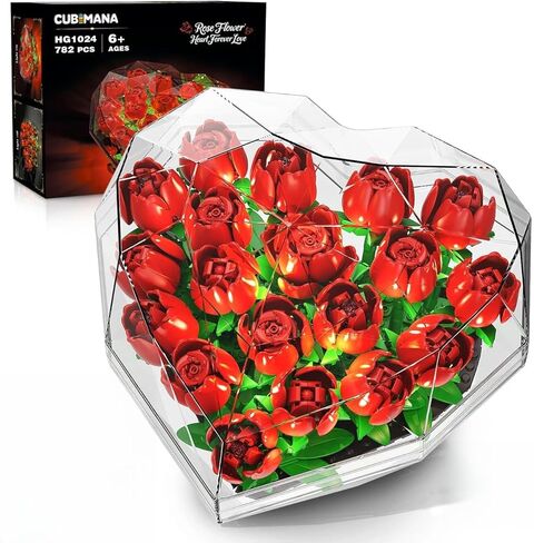 Valentines Flower Bouquet Building Set with LED Lights - 19 Rose Red Botanical Collection Block Toy with Heart Shaped Cover | Valentine Day Gifts for Adult Her Lover Wife Women Girls 8-12+ in Kuwait