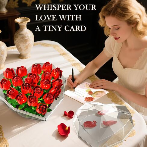 Valentines Flower Bouquet Building Set with LED Lights - 19 Rose Red Botanical Collection Block Toy with Heart Shaped Cover | Valentine Day Gifts for Adult Her Lover Wife Women Girls 8-12+ in Kuwait