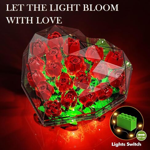 Valentines Flower Bouquet Building Set with LED Lights - 19 Rose Red Botanical Collection Block Toy with Heart Shaped Cover | Valentine Day Gifts for Adult Her Lover Wife Women Girls 8-12+ in Kuwait