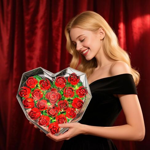 Valentines Flower Bouquet Building Set with LED Lights - 19 Rose Red Botanical Collection Block Toy with Heart Shaped Cover | Valentine Day Gifts for Adult Her Lover Wife Women Girls 8-12+ in Kuwait