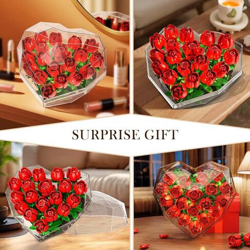 Valentines Flower Bouquet Building Set with LED Lights - 19 Rose Red Botanical Collection Block Toy with Heart Shaped Cover | Valentine Day Gifts for Adult Her Lover Wife Women Girls 8-12+ in Kuwait