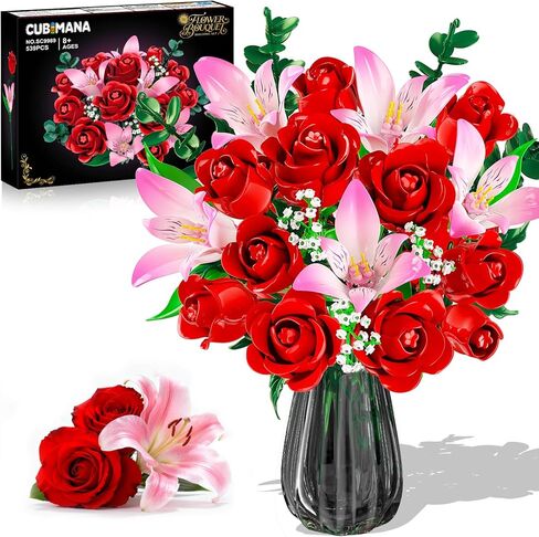 Rose Flower Bouquet Building Set with LED - Red Rose Botanical Collection Building Block Set for Adults, Pink Lilies Artificial Plant for Home Decor, Valentine's Day Gifts for Her Women Girls in Kuwait