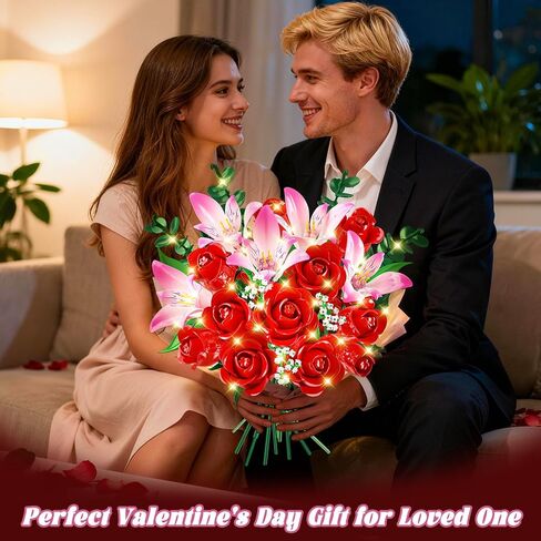 Rose Flower Bouquet Building Set with LED - Red Rose Botanical Collection Building Block Set for Adults, Pink Lilies Artificial Plant for Home Decor, Valentine's Day Gifts for Her Women Girls in Kuwait