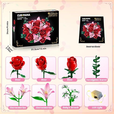 Rose Flower Bouquet Building Set with LED - Red Rose Botanical Collection Building Block Set for Adults, Pink Lilies Artificial Plant for Home Decor, Valentine's Day Gifts for Her Women Girls in Kuwait