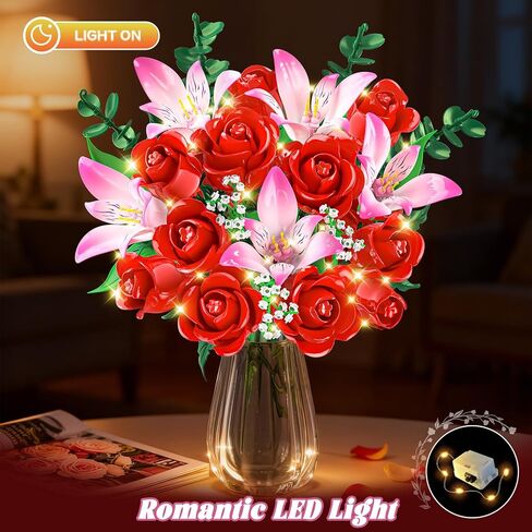 Rose Flower Bouquet Building Set with LED - Red Rose Botanical Collection Building Block Set for Adults, Pink Lilies Artificial Plant for Home Decor, Valentine's Day Gifts for Her Women Girls in Kuwait