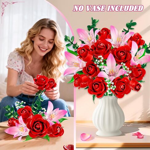 Rose Flower Bouquet Building Set with LED - Red Rose Botanical Collection Building Block Set for Adults, Pink Lilies Artificial Plant for Home Decor, Valentine's Day Gifts for Her Women Girls in Kuwait