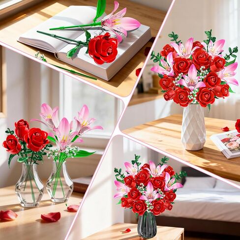 Rose Flower Bouquet Building Set with LED - Red Rose Botanical Collection Building Block Set for Adults, Pink Lilies Artificial Plant for Home Decor, Valentine's Day Gifts for Her Women Girls in Kuwait