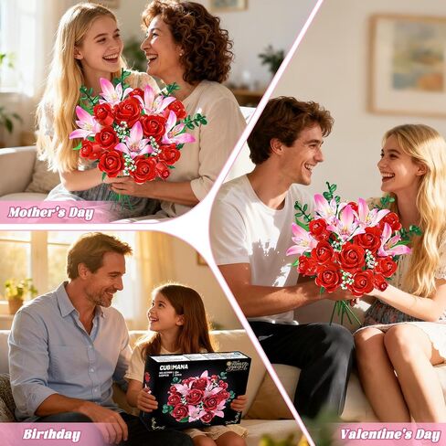 Rose Flower Bouquet Building Set with LED - Red Rose Botanical Collection Building Block Set for Adults, Pink Lilies Artificial Plant for Home Decor, Valentine's Day Gifts for Her Women Girls in Kuwait