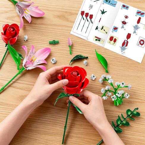 Rose Flower Bouquet Building Set with LED - Red Rose Botanical Collection Building Block Set for Adults, Pink Lilies Artificial Plant for Home Decor, Valentine's Day Gifts for Her Women Girls in Kuwait