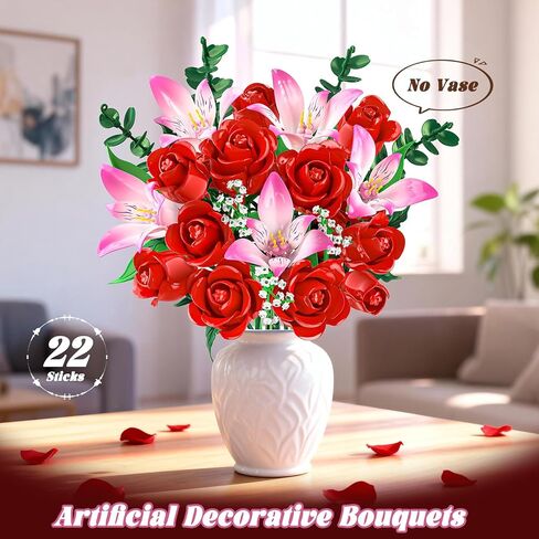Rose Flower Bouquet Building Set with LED - Red Rose Botanical Collection Building Block Set for Adults, Pink Lilies Artificial Plant for Home Decor, Valentine's Day Gifts for Her Women Girls in Kuwait