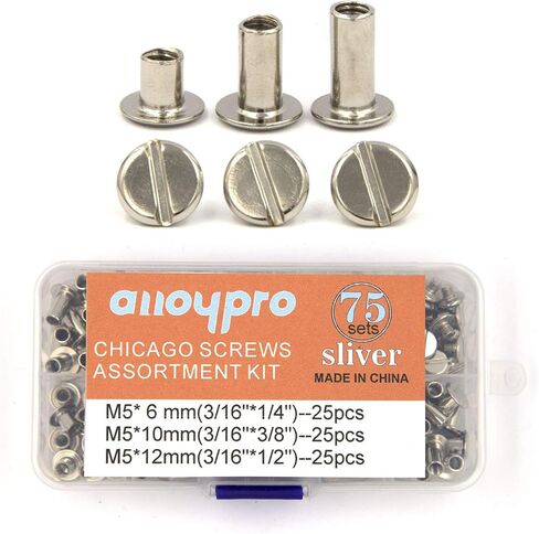 Alloypro 120 مجموعة من براغي ربط شيكاغو المعدنية الفضية، مجموعة متنوعة من مسامير برشام شيكاغو، زر DIY من الجلد لتزيين الكتب، برغي مستدير برأس مسطح (4/5/6/7/8/10/12/15-15 قطعة) in Kuwait
