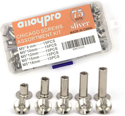 Alloypro 120 مجموعة من براغي ربط شيكاغو المعدنية الفضية، مجموعة متنوعة من مسامير برشام شيكاغو، زر DIY من الجلد لتزيين الكتب، برغي مستدير برأس مسطح (4/5/6/7/8/10/12/15-15 قطعة) in Kuwait
