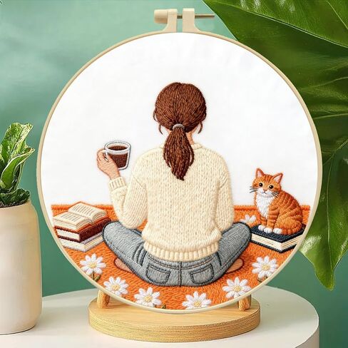 مجموعة تطريز Zhenqing Coffee Girl للمبتدئين، قماش مطبوع مسبقًا مقاس 29 × 29 سم مع طوق وخيوط 20 سم، مشهد قراءة مريح مع قطة لديكور المنزل (C0188) in Saudi Arabia