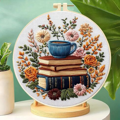 Zhenqing Books, Flowers & Tea Cup Embroidery Kit for Beginners, Pre-Printed 29x29cm Cotton Fabric with 20cm Hoop, Cozy Reading Scene (C0208) in Saudi Arabia