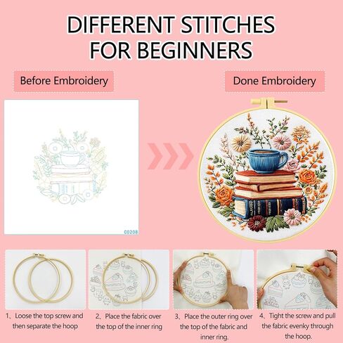 Zhenqing Books, Flowers & Tea Cup Embroidery Kit for Beginners, Pre-Printed 29x29cm Cotton Fabric with 20cm Hoop, Cozy Reading Scene (C0208) in Saudi Arabia