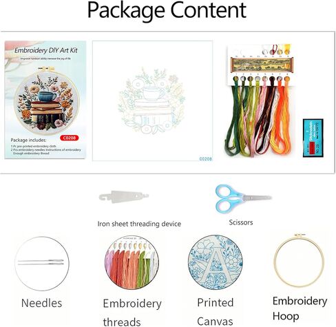 Zhenqing Books, Flowers & Tea Cup Embroidery Kit for Beginners, Pre-Printed 29x29cm Cotton Fabric with 20cm Hoop, Cozy Reading Scene (C0208) in Saudi Arabia