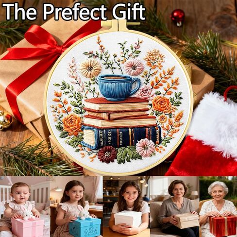 Zhenqing Books, Flowers & Tea Cup Embroidery Kit for Beginners, Pre-Printed 29x29cm Cotton Fabric with 20cm Hoop, Cozy Reading Scene (C0208) in Saudi Arabia
