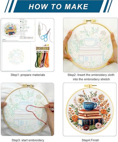Zhenqing Books, Flowers & Tea Cup Embroidery Kit for Beginners, Pre-Printed 29x29cm Cotton Fabric with 20cm Hoop, Cozy Reading Scene (C0208) in Saudi Arabia