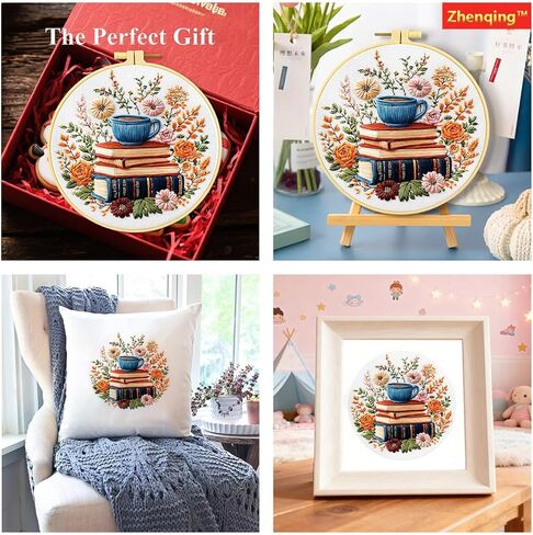 Zhenqing Books, Flowers & Tea Cup Embroidery Kit for Beginners, Pre-Printed 29x29cm Cotton Fabric with 20cm Hoop, Cozy Reading Scene (C0208) in Saudi Arabia