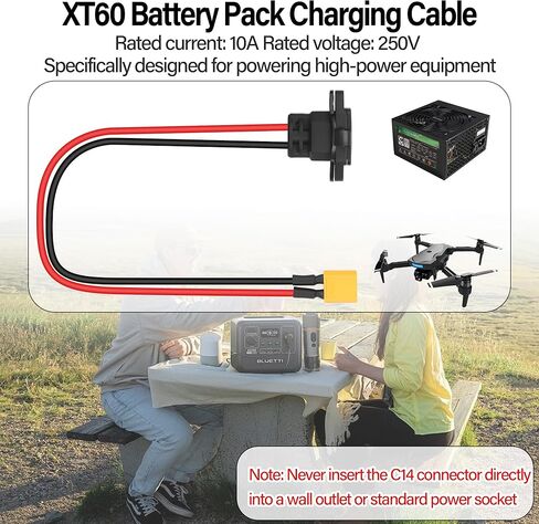 12AWG C14 to XT60 Silicone Extension Cable,IEC C14 to XT60 Male Adapter Cable with Screw-Mount Panel,10A/250V XT60 Charging Cable for RC Cars,Solar Panels,Drone Batteries-1.64FT in Saudi Arabia