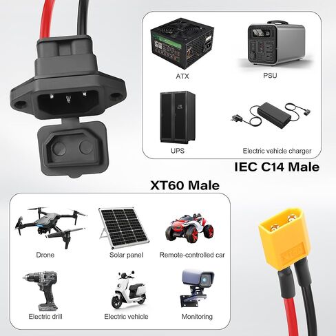 12AWG C14 to XT60 Silicone Extension Cable,IEC C14 to XT60 Male Adapter Cable with Screw-Mount Panel,10A/250V XT60 Charging Cable for RC Cars,Solar Panels,Drone Batteries-1.64FT in Saudi Arabia