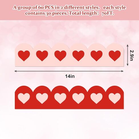 Whaline 70 Ft Valentine's Day Bulletin Board Borders Red Pink Heart Self-Adhesive Trim Border Stickers for Wedding Anniversary Party Home Office Decor in Saudi Arabia