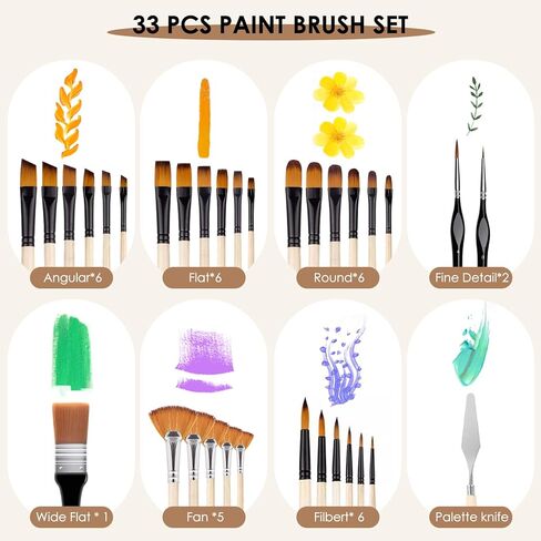 33pcs Paint Brush Set,Paint Brushes for Acrylic Painting, Oil, Watercolor,Professional Paintbrushes with Flat, Filbert, Fan, Palette Knife,ect.Art Supplies for Artists and Beginners in Kuwait